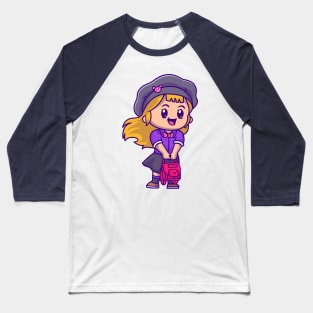 Cute Girl With Bag And Wearing Hat Cartoon Baseball T-Shirt